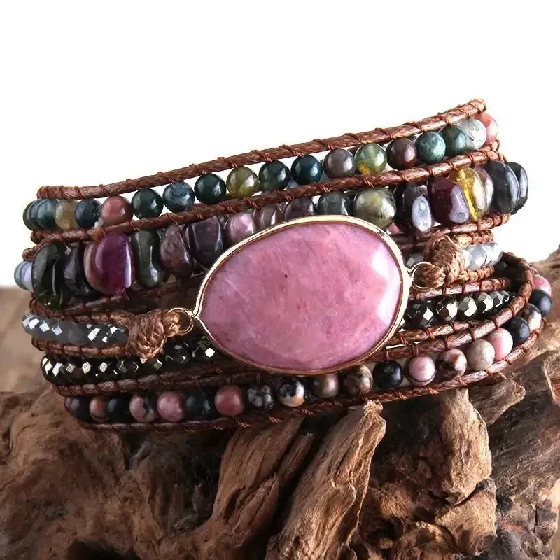 Boho Bracelet - RH 5-Layer Leather Wrap with Oval Violet Natural Stones