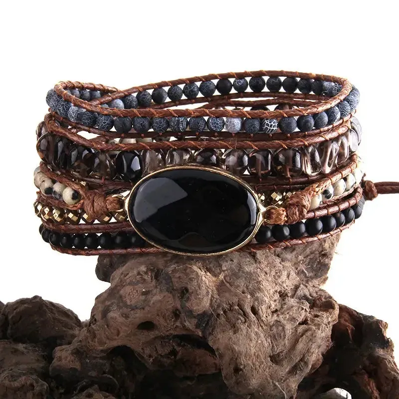 Boho Bracelet - RH 5-Layer Leather Wrap with Oval Violet Natural Stones