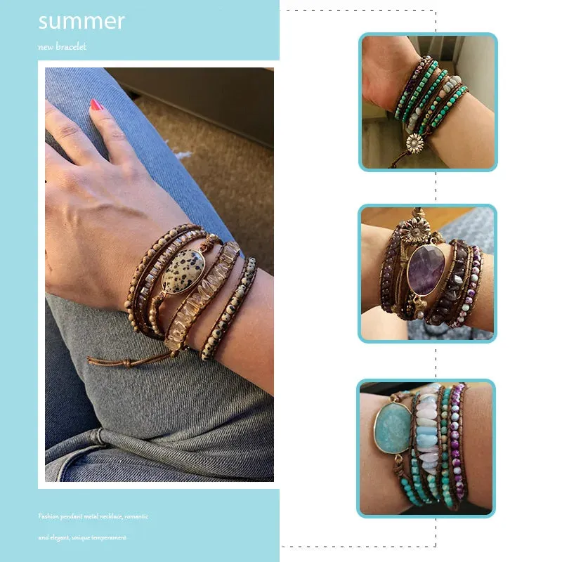 Boho Bracelet - RH 5-Layer Leather Wrap with Oval Violet Natural Stones