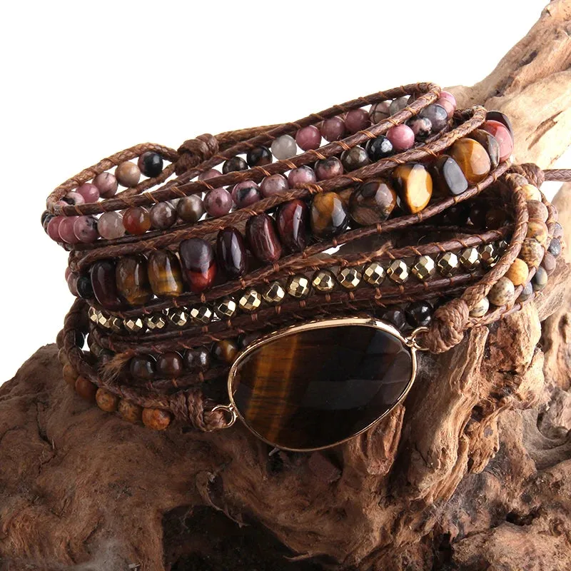 Boho Bracelet - RH 5-Layer Leather Wrap with Oval Violet Natural Stones
