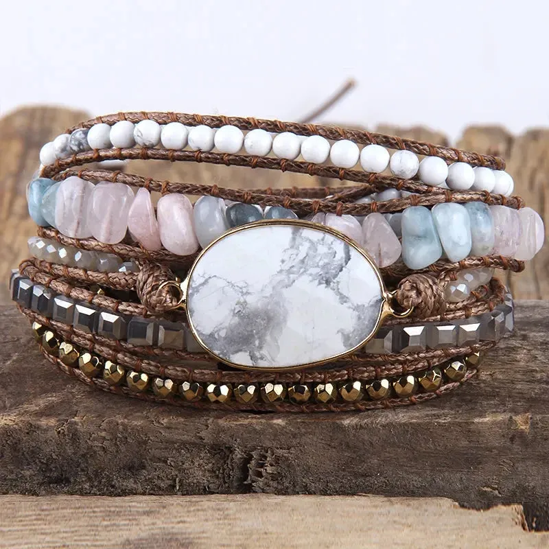 Boho Bracelet - RH 5-Layer Leather Wrap with Oval Violet Natural Stones
