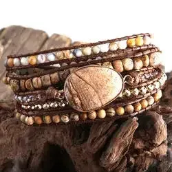 Boho Bracelet - RH 5-Layer Leather Wrap with Oval Violet Natural Stones