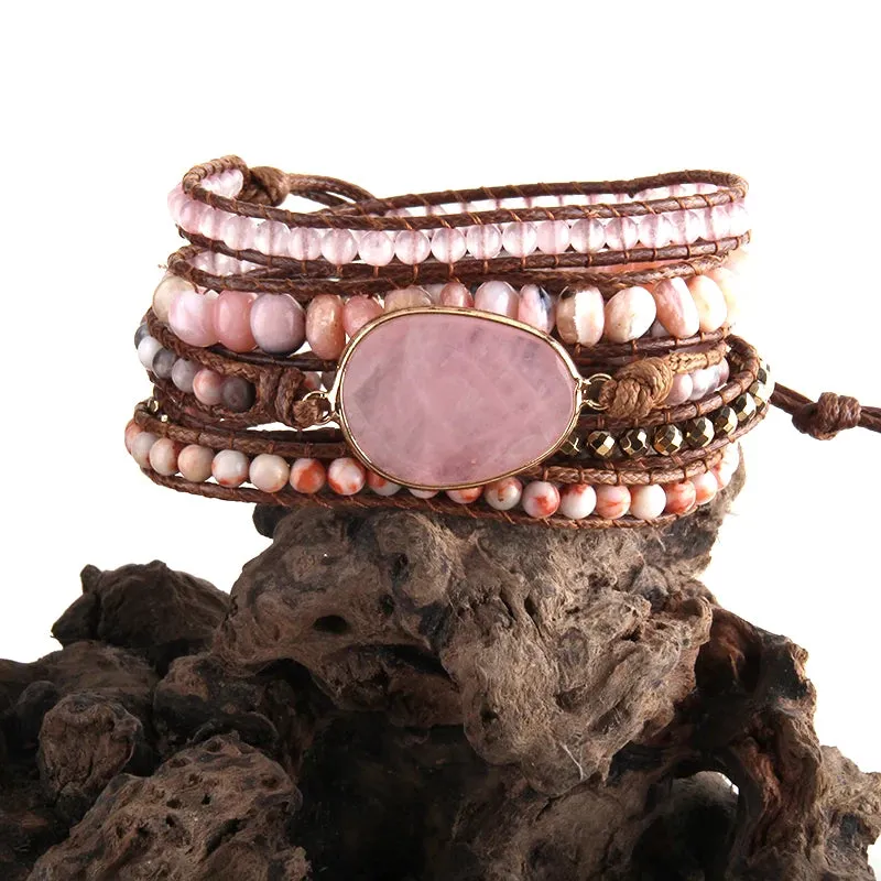 Boho Bracelet - RH 5-Layer Leather Wrap with Oval Violet Natural Stones