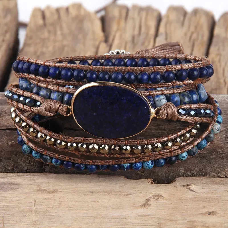 Boho Bracelet - RH 5-Layer Leather Wrap with Oval Violet Natural Stones
