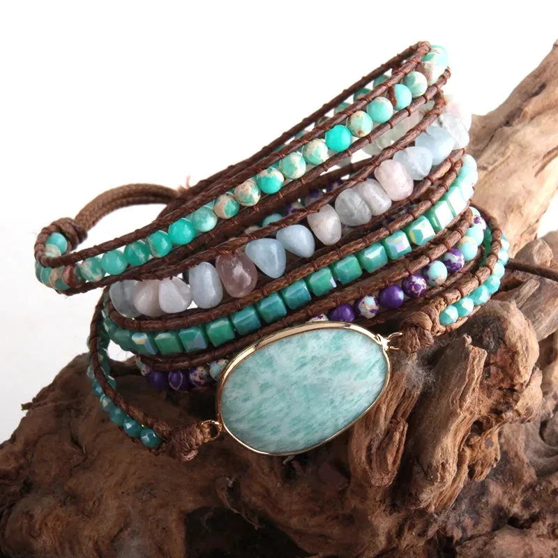 Boho Bracelet - RH 5-Layer Leather Wrap with Oval Violet Natural Stones