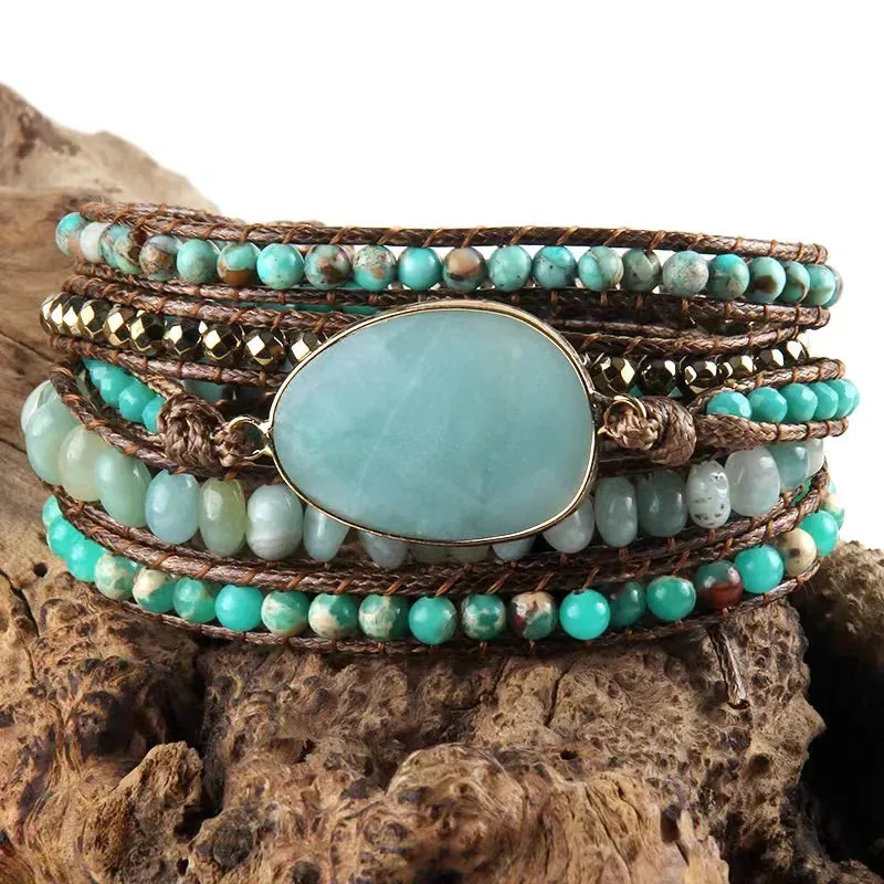 Boho Bracelet - RH 5-Layer Leather Wrap with Oval Violet Natural Stones