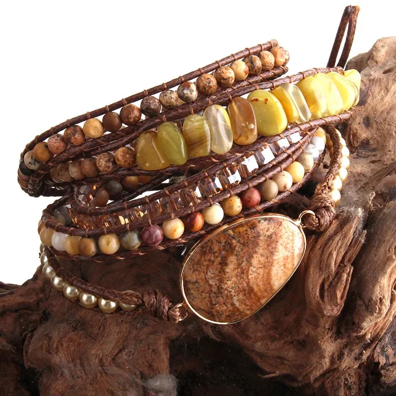 Boho Bracelet - RH 5-Layer Leather Wrap with Oval Violet Natural Stones