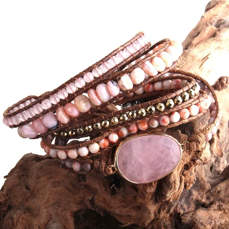 Boho Bracelet - RH 5-Layer Leather Wrap with Oval Violet Natural Stones