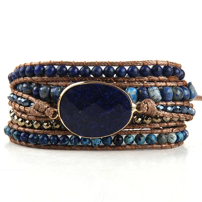 Boho Bracelet - RH 5-Layer Leather Wrap with Oval Violet Natural Stones