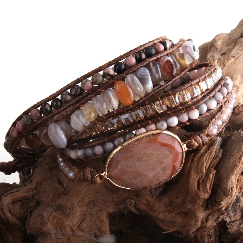Boho Bracelet - RH 5-Layer Leather Wrap with Oval Violet Natural Stones