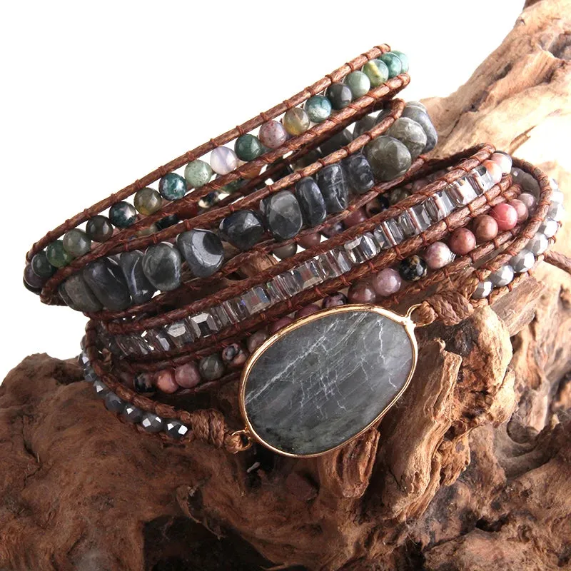 Boho Bracelet - RH 5-Layer Leather Wrap with Oval Violet Natural Stones