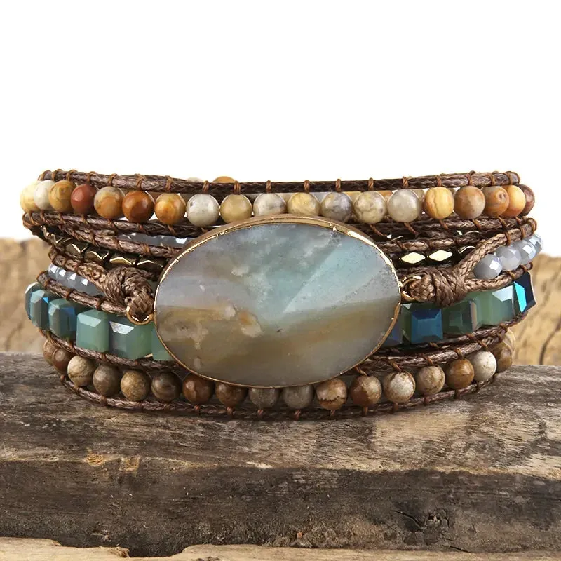 Boho Bracelet - RH 5-Layer Leather Wrap with Oval Violet Natural Stones