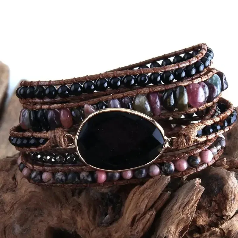 Boho Bracelet - RH 5-Layer Leather Wrap with Oval Violet Natural Stones