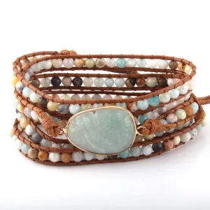 Boho Bracelet, RH 5 Layers Leather Wrap Bracelet, Natural Stones, Navy Lapis