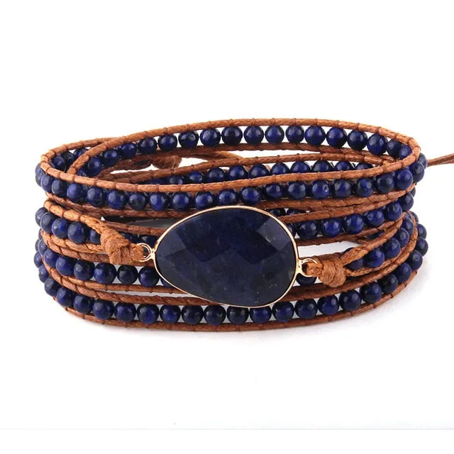 Boho Bracelet, RH 5 Layers Leather Wrap Bracelet, Natural Stones, Navy Lapis