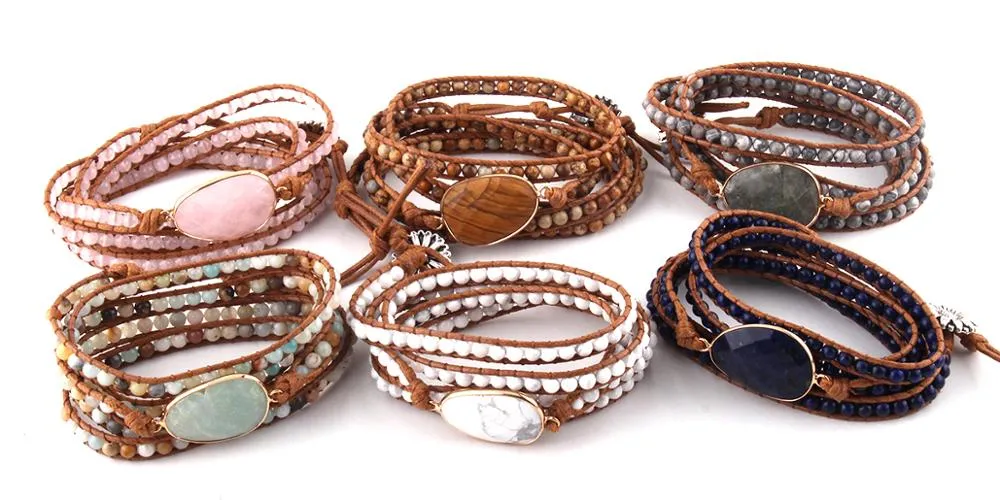 Boho Bracelet, RH 5 Layers Leather Wrap Bracelet, Natural Stones, Navy Lapis