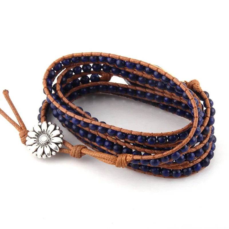 Boho Bracelet, RH 5 Layers Leather Wrap Bracelet, Natural Stones, Navy Lapis