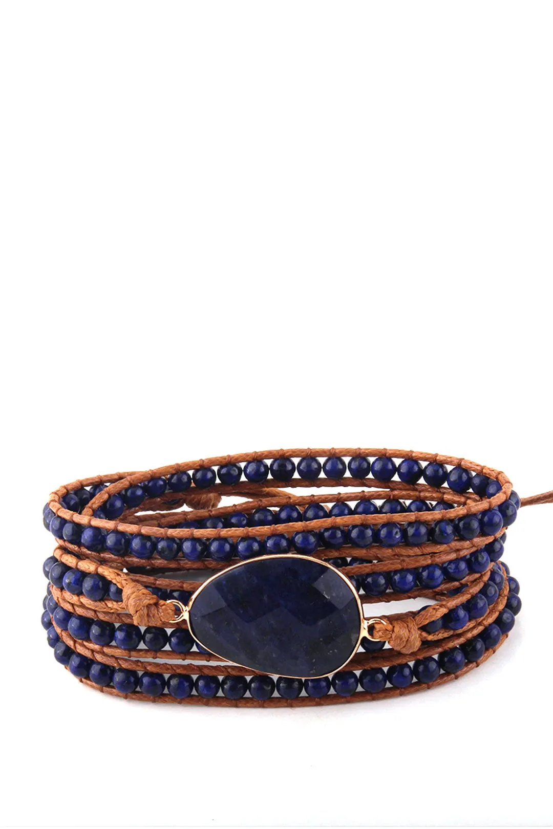 Boho Bracelet, RH 5 Layers Leather Wrap Bracelet, Natural Stones, Navy Lapis