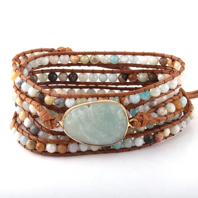 Boho Bracelet, RH 5 Layers Leather Wrap Bracelet, Natural Stones, Navy Lapis
