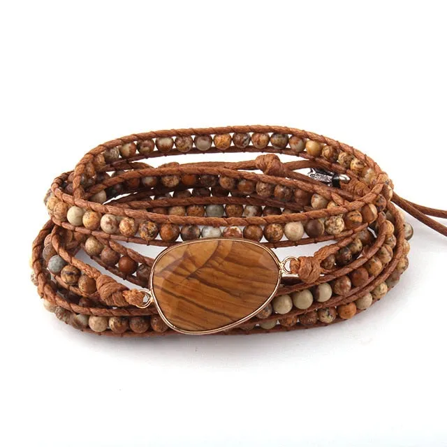 Boho Bracelet, RH 5 Layers Leather Wrap Bracelet, Natural Stones, Navy Lapis