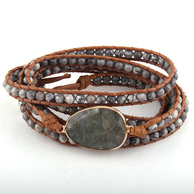 Boho Bracelet, RH 5 Layers Leather Wrap Bracelet, Natural Stones, Navy Lapis