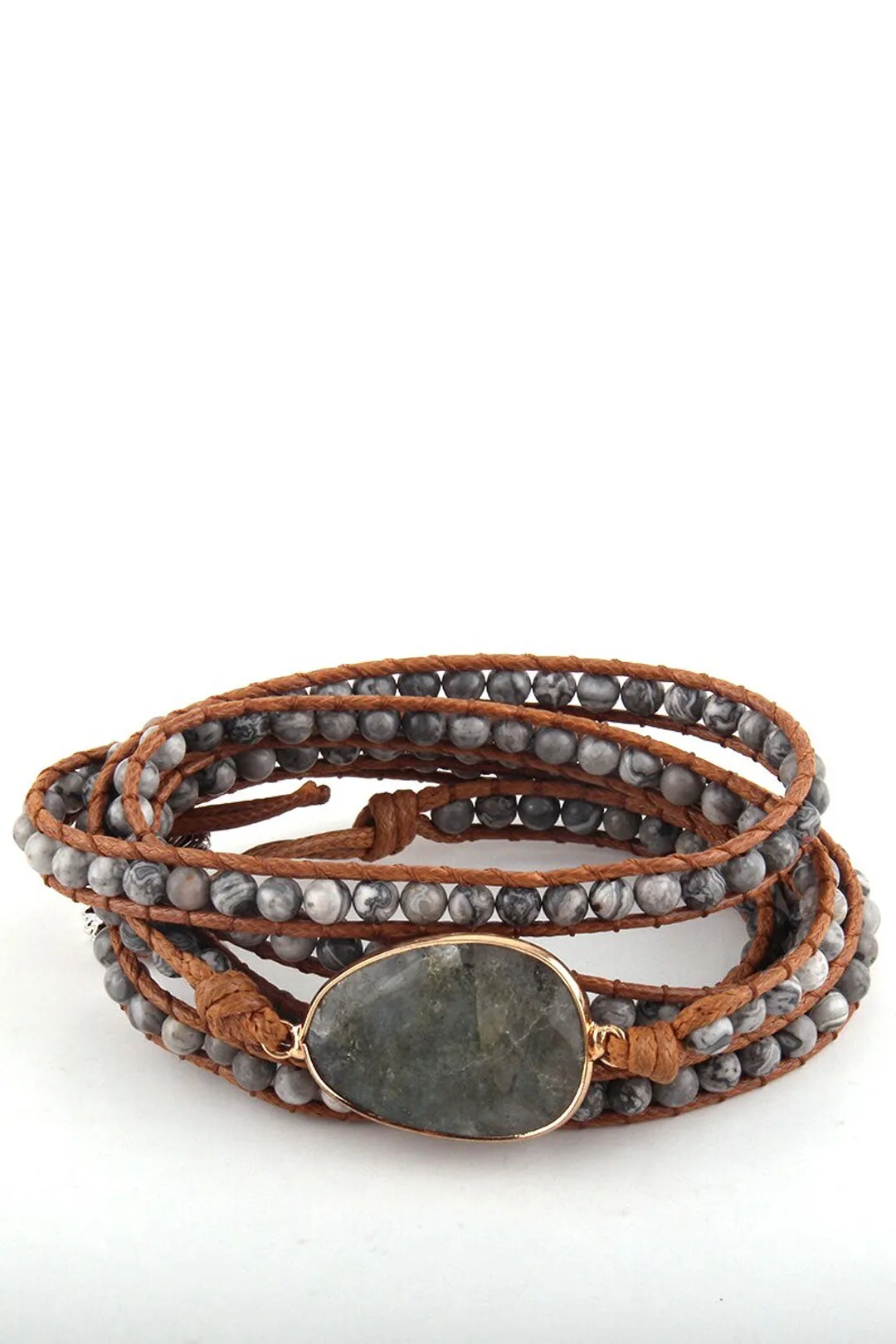 Boho Bracelet, RH 5 Layers Leather Wrap Bracelet, Natural Stones, Navy Lapis