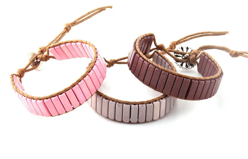 Boho Bracelet, RH Leather Wrap Bracelet, Blue White and Pink