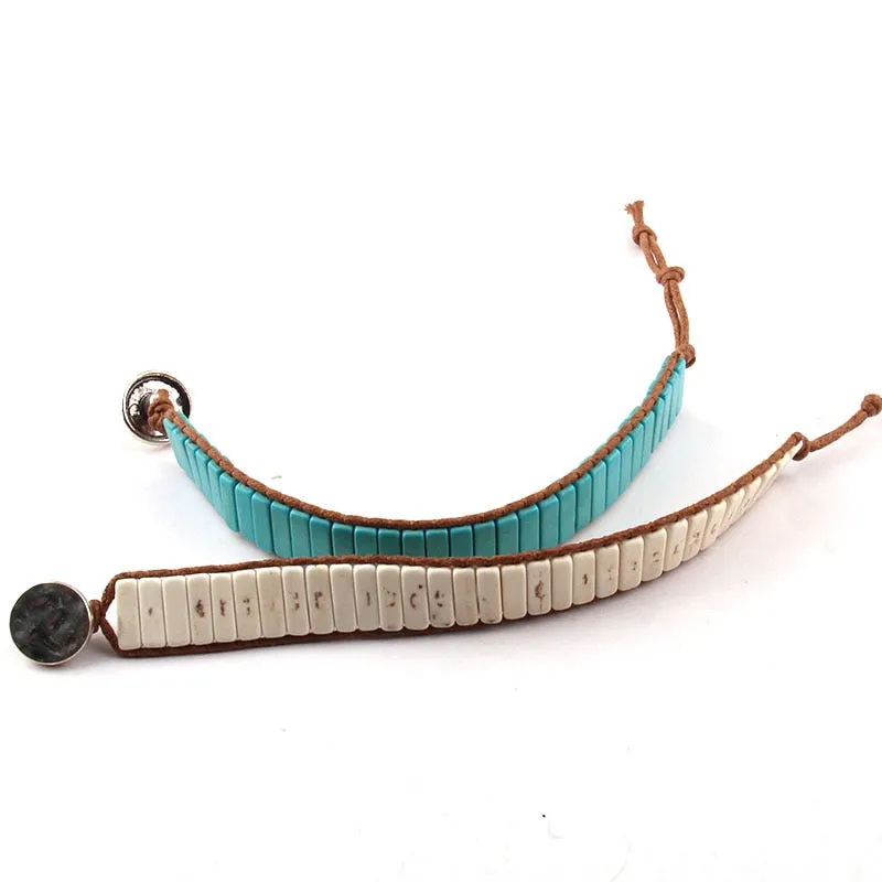 Boho Bracelet, RH Leather Wrap Bracelet, Blue White and Pink