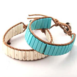 Boho Bracelet, RH Leather Wrap Bracelet, Blue White and Pink