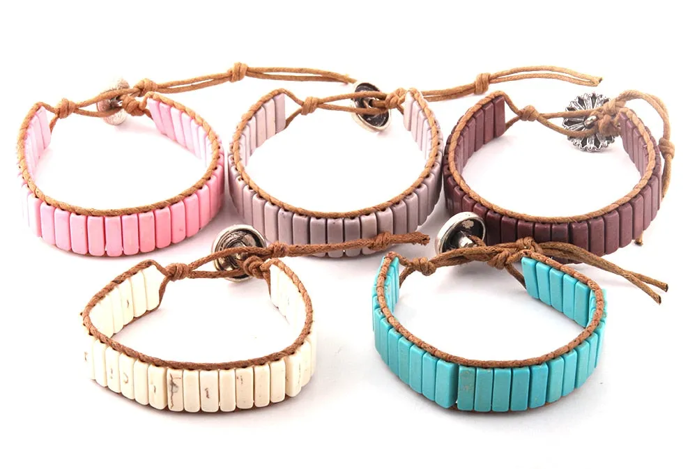 Boho Bracelet, RH Leather Wrap Bracelet, Blue White and Pink