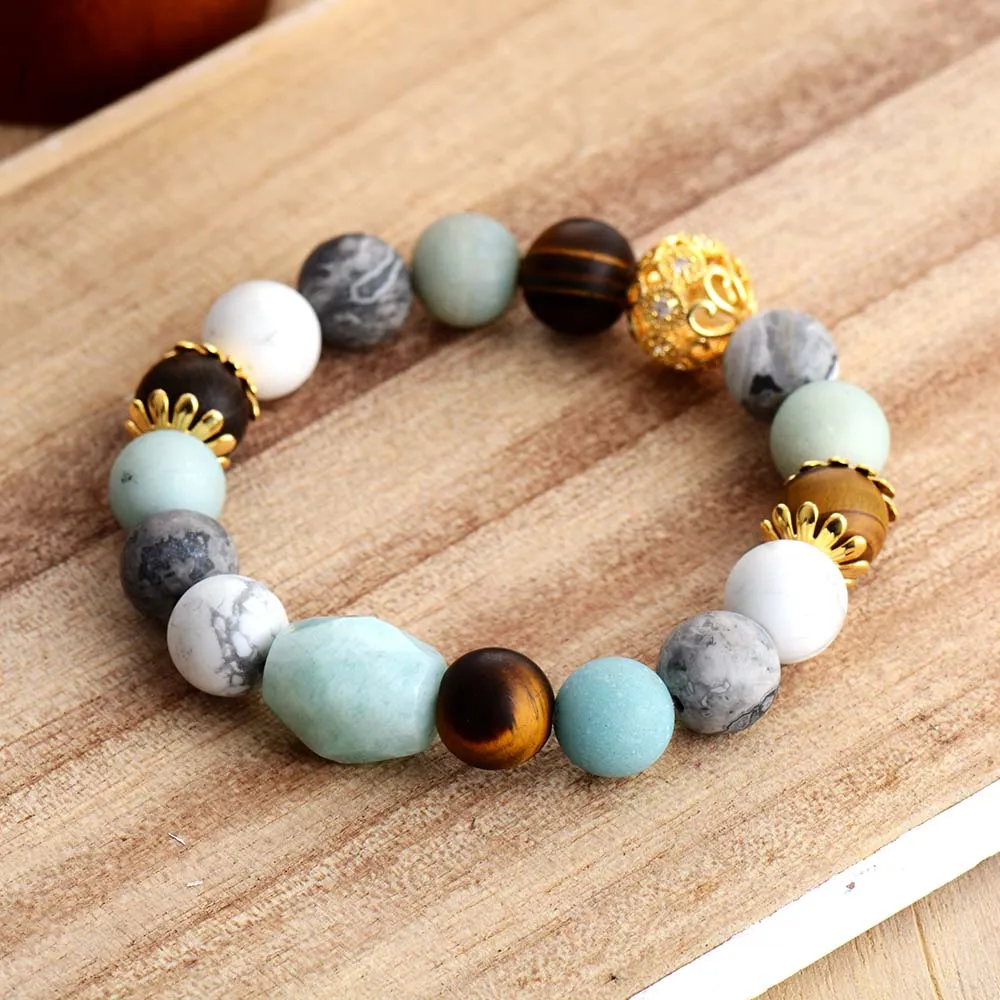 Boho Bracelet, Stretchy Bracelet, Blue Amazonite, Tiger Eye and Howlite