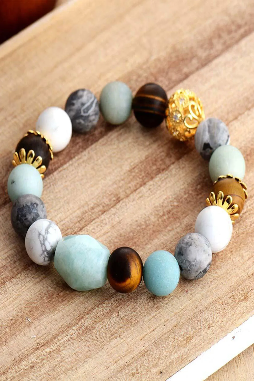 Boho Bracelet, Stretchy Bracelet, Blue Amazonite, Tiger Eye and Howlite