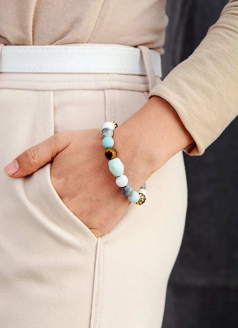 Boho Bracelet, Stretchy Bracelet, Blue Amazonite, Tiger Eye and Howlite