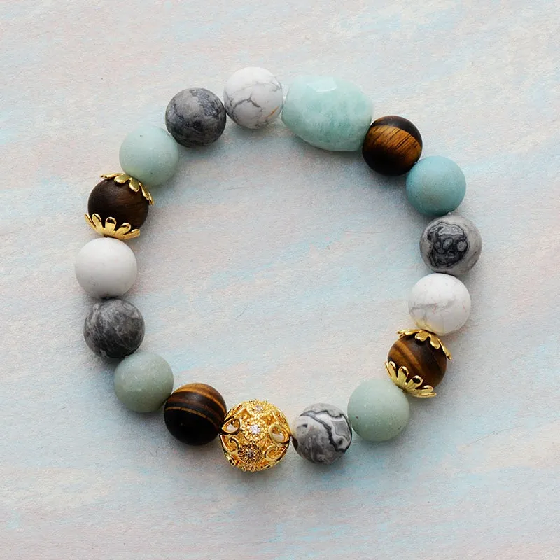 Boho Bracelet, Stretchy Bracelet, Blue Amazonite, Tiger Eye and Howlite