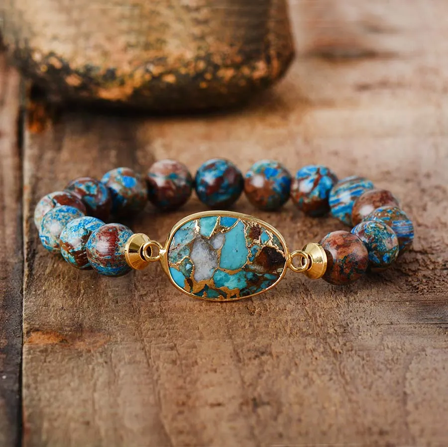 Boho Bracelet, Stretchy Bracelet, Brown Blue 10mm Bronzite Stone Tibetan