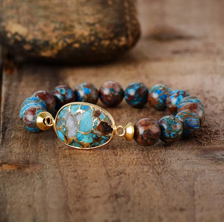 Boho Bracelet, Stretchy Bracelet, Brown Blue 10mm Bronzite Stone Tibetan
