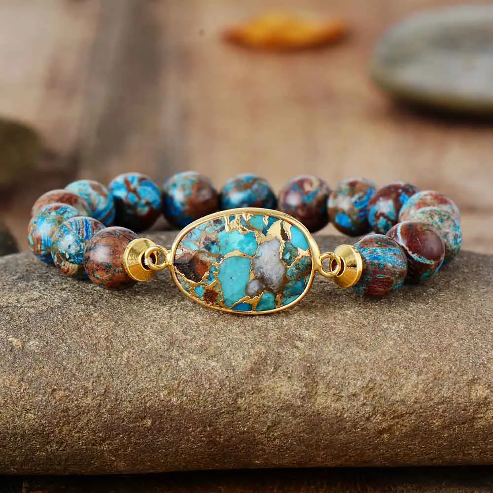 Boho Bracelet, Stretchy Bracelet, Brown Blue 10mm Bronzite Stone Tibetan