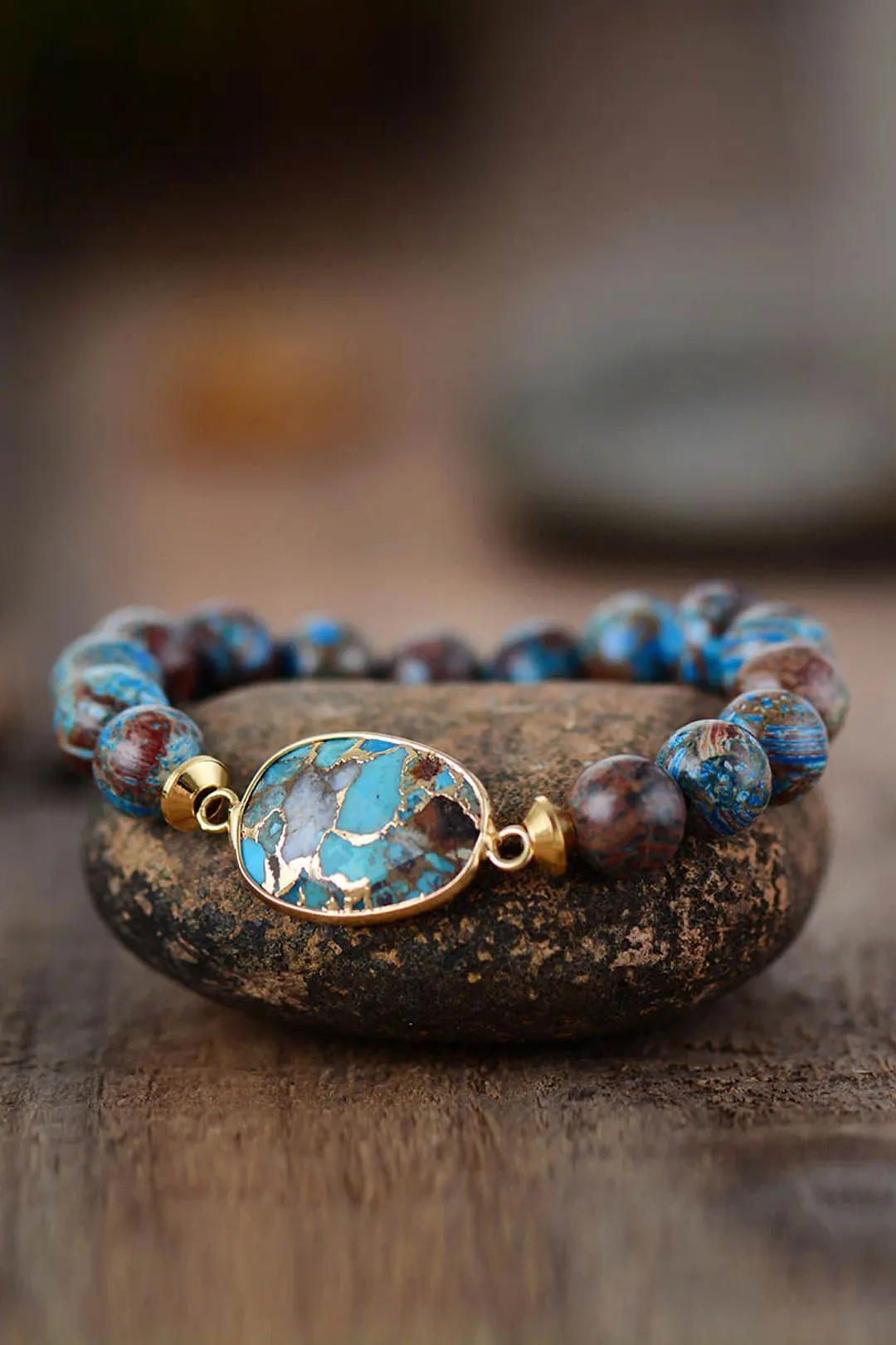 Boho Bracelet, Stretchy Bracelet, Brown Blue 10mm Bronzite Stone Tibetan