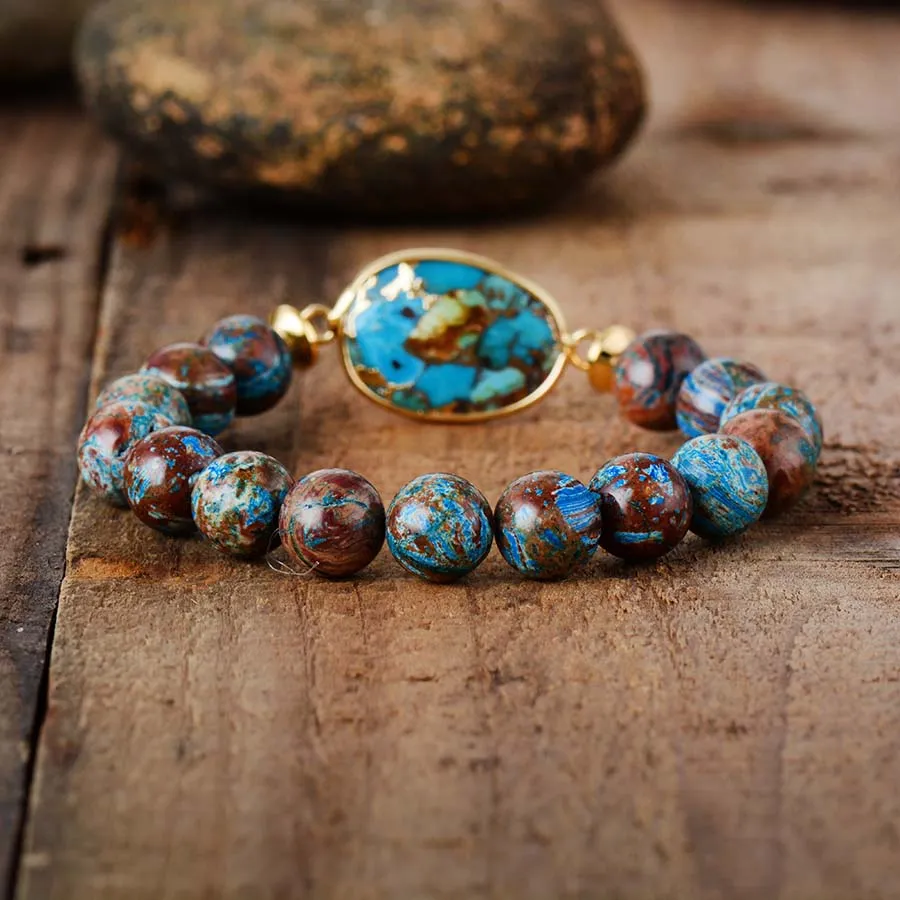 Boho Bracelet, Stretchy Bracelet, Brown Blue 10mm Bronzite Stone Tibetan