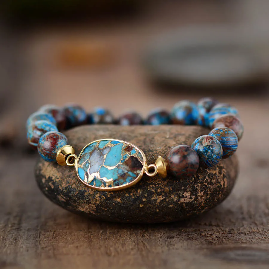 Boho Bracelet, Stretchy Bracelet, Brown Blue 10mm Bronzite Stone Tibetan