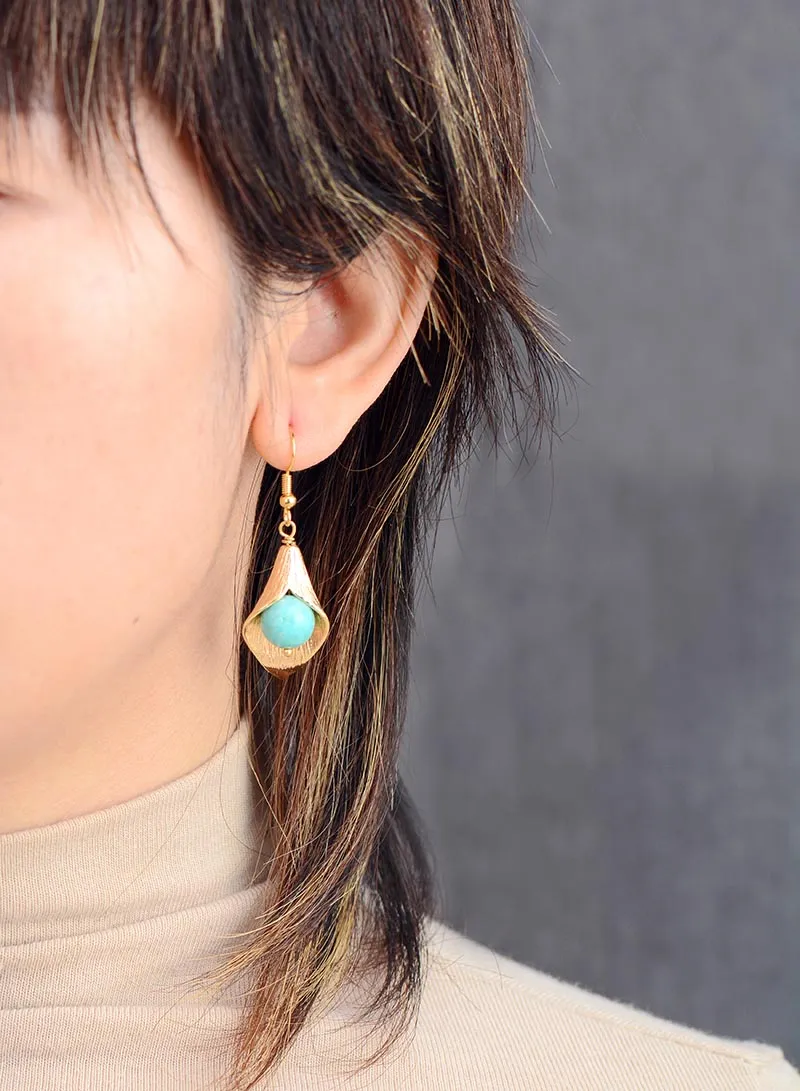 Boho Earrings, Dangle Earrings, Gold Flower Blue Amazonite