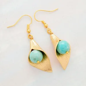 Boho Earrings, Dangle Earrings, Gold Flower Blue Amazonite