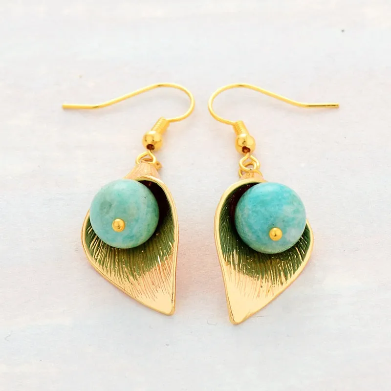 Boho Earrings, Dangle Earrings, Gold Flower Blue Amazonite