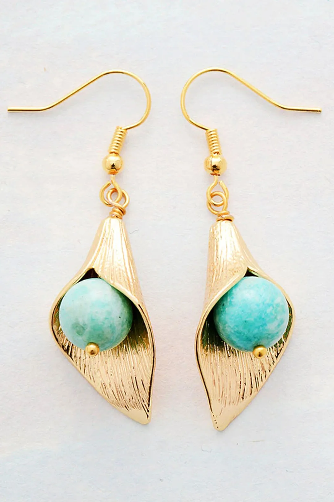 Boho Earrings, Dangle Earrings, Gold Flower Blue Amazonite