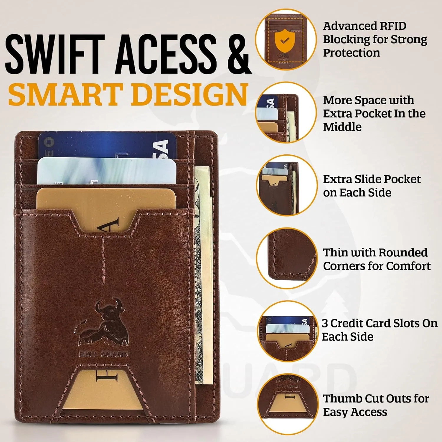 BULL GUARD Mens RFID Blocking Leather Slim Card Case Wallet with Easy Access ID windows, Cash & Card Slots, Crafted with Premium Top Grain Leather Ideal for Travel or Everyday Use (Forest Brown)
