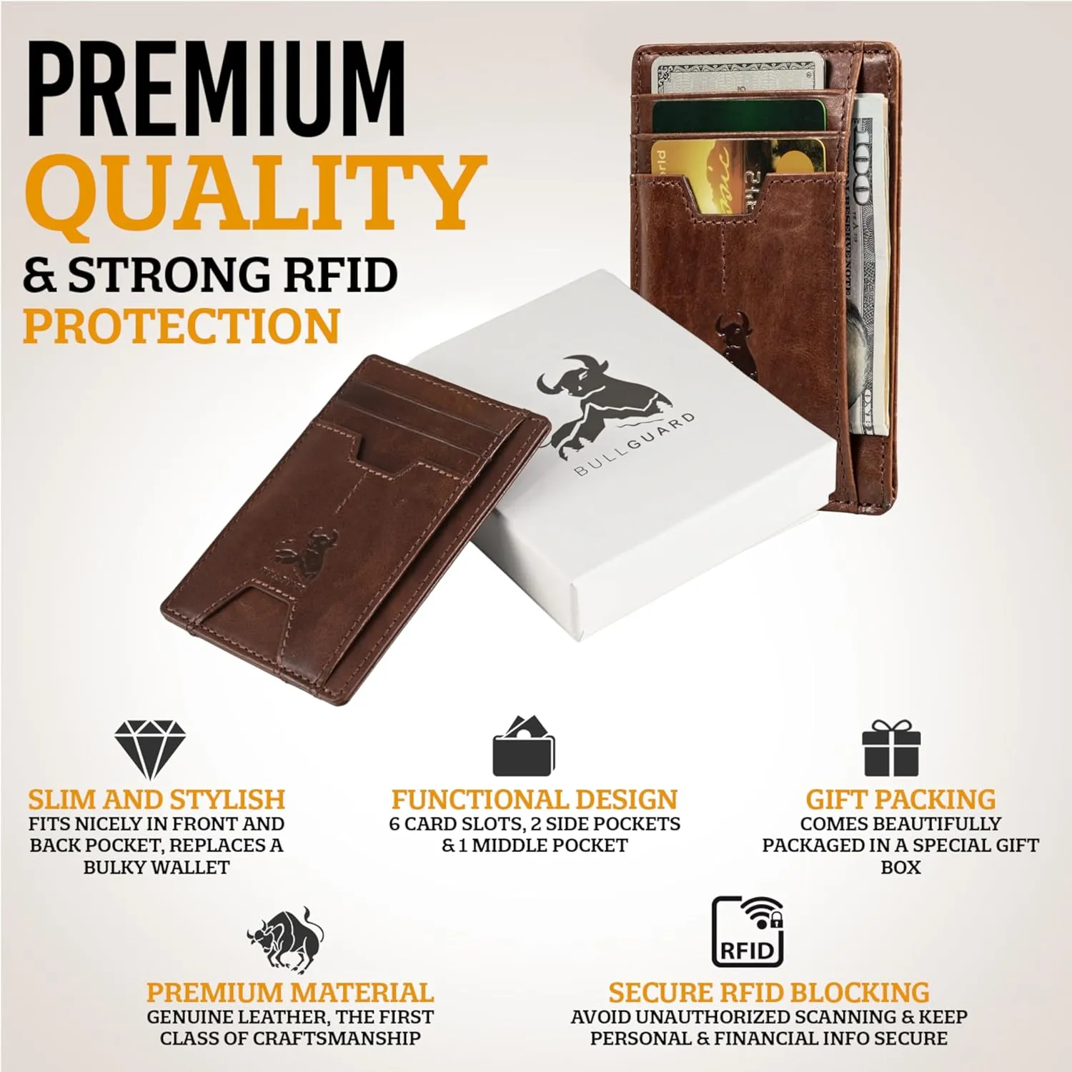 BULL GUARD Mens RFID Blocking Leather Slim Card Case Wallet with Easy Access ID windows, Cash & Card Slots, Crafted with Premium Top Grain Leather Ideal for Travel or Everyday Use (Forest Brown)