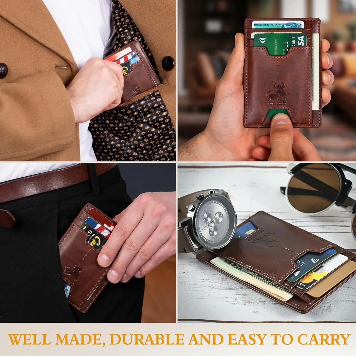 BULL GUARD Mens RFID Blocking Leather Slim Card Case Wallet with Easy Access ID windows, Cash & Card Slots, Crafted with Premium Top Grain Leather Ideal for Travel or Everyday Use (Forest Brown)