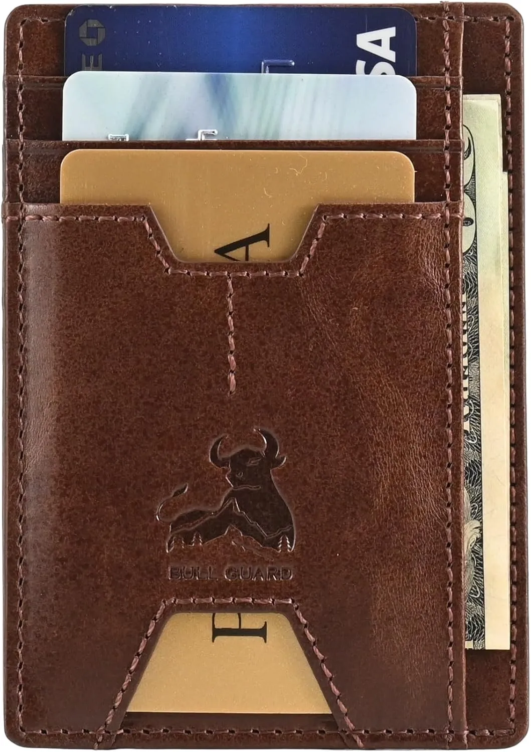 BULL GUARD Mens RFID Blocking Leather Slim Card Case Wallet with Easy Access ID windows, Cash & Card Slots, Crafted with Premium Top Grain Leather Ideal for Travel or Everyday Use (Forest Brown)