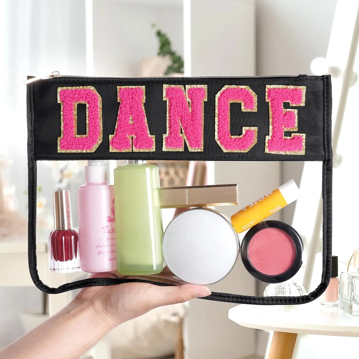 Chenille Letter Bag, Clear Flat Pouches with Zipper, Clear Makeup letter Bag, Multi-purpose Nylon Clear Cosmetic Bags, Clear Pouch Bag for Travel, Gym, Beach (Black-Dance)