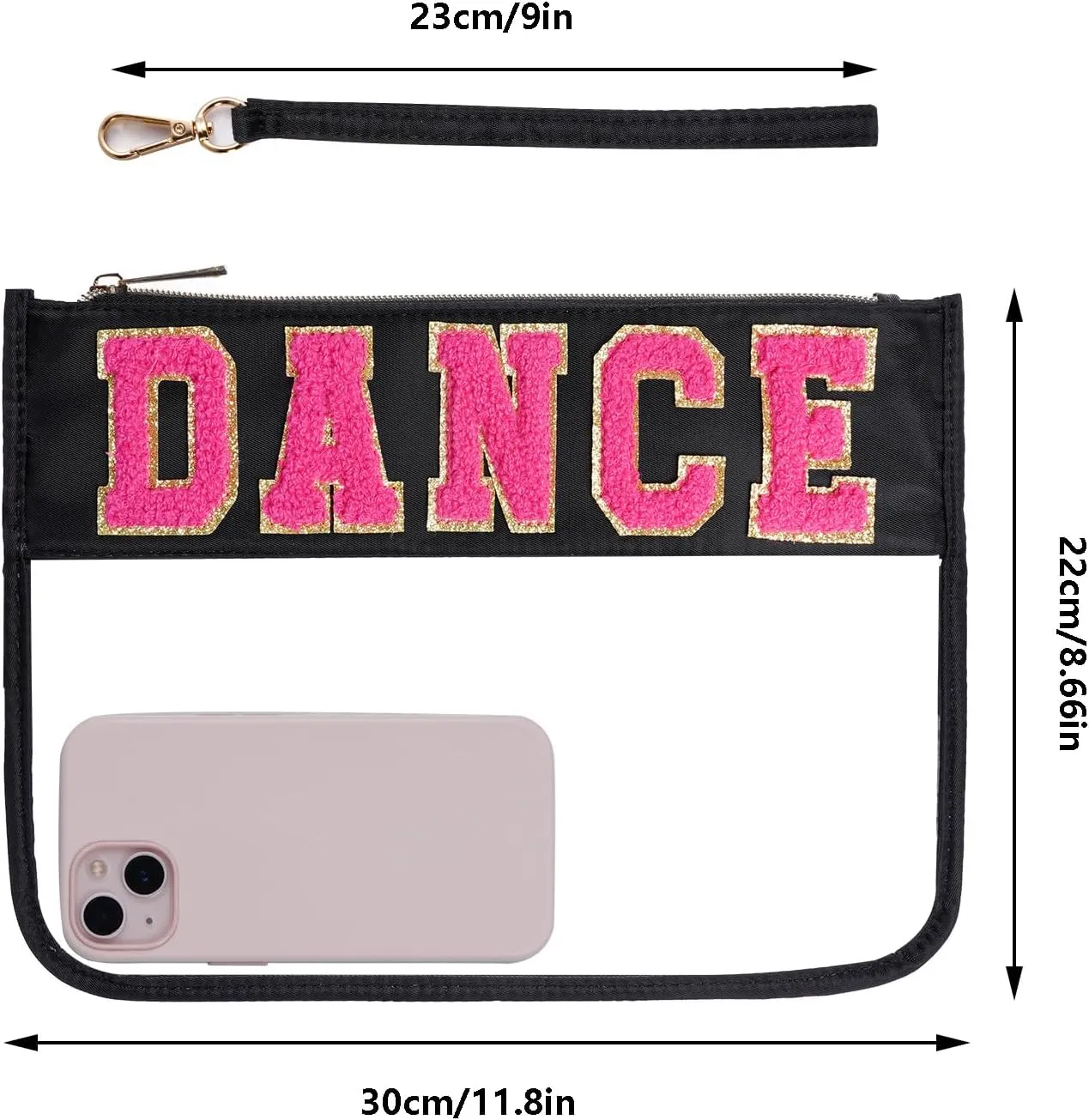 Chenille Letter Bag, Clear Flat Pouches with Zipper, Clear Makeup letter Bag, Multi-purpose Nylon Clear Cosmetic Bags, Clear Pouch Bag for Travel, Gym, Beach (Black-Dance)